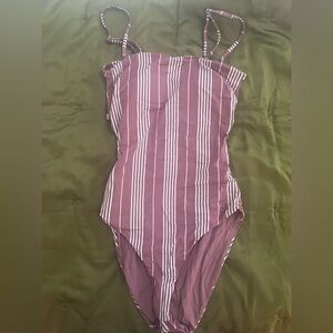 Amuse Society Pink and White Striped Swim suit with Adjustable Straps